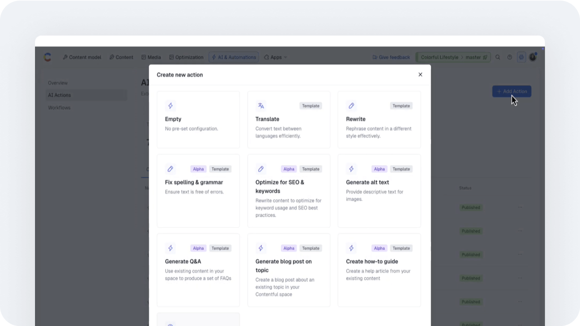 Menu of AI content actions showing options like Translate, Rewrite, Generate alt text, and Create blog posts in a modern interface
