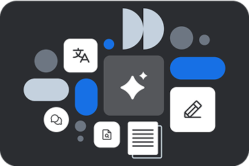 Various app icons and UI elements in white, blue and gray arranged in a circular pattern on a dark background