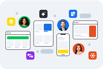 Illustration of connected app interfaces and profile icons showing digital collaboration and communication tools