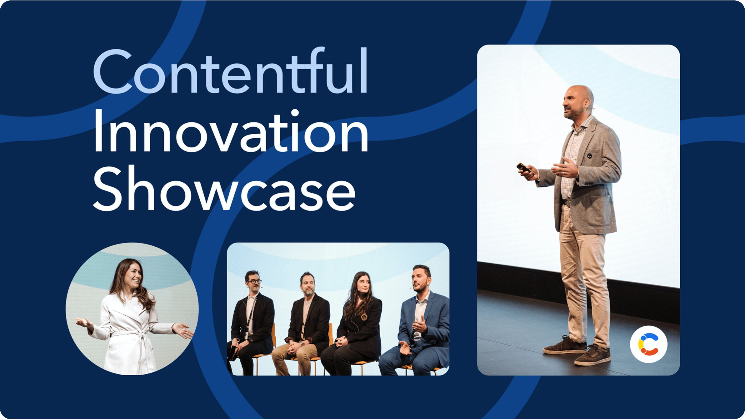 Business professionals presenting at "Contentful Innovation Showcase" event, shown speaking and on panel against blue background design